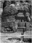 The rock-cut tomb of Artaxerxes I, c.466-464 BC, with a Sasanian relief below depicting Shapur I's victory over the Romans (b/w photo)