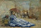 Woman in a blue dress under a parasol, c.1865 (oil on card)