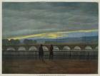 August Bridge in Dresden (colour lithograph) 88:original painting is lost (burnt); 99:Augustbruecke; German landscape; view; sunset; sky; leaning; river; Romanticist; dusk; bridge; evening; looking out;