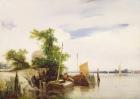 Barges on a River, c.1825-26 (oil on millboard) (signed)