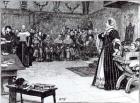 Trial of Mary Queen of Scots (1542-87) in Fotheringhay Castle (engraving) (b/w photo)