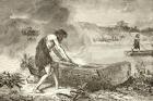 A prehistoric man using fire to fashion a canoe from a log (litho)