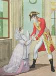 Grace granted by Napoleon to Madame de Polignac for her husband Armand Polignac, 1804 (coloured engraving)