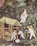 The Month of October, detail of grape-pickers pressing grapes, c.1400 (fresco)