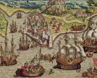 Naval Combat, illustration from 'Americae Tertia Pars...', 1592 (coloured engraving)