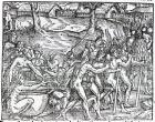 Procession of natives drinking and smoking, engraved by Theodor de Bry (1525-75) (engraving) (b/w photo)