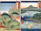 A landscape and seascape, two views from the series '60-Odd Famous Views of the Provinces', pub. by Kosheihei, 1853, (colour woodblock print)