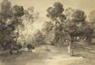 Wooded landscape with figures, cottage and cow, c.1785 (wash & chalk with gouache on paper)