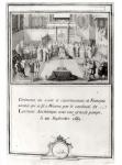 Coronation of Francis II (1544-60), 21st September 1559 in Reims by the archbishop Cardinal de Lorraine (engraving) (b/w photo)