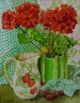 Red geranium with the strawberry jug and cherries (w/c on hand-made paper)