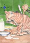 Ginger Cat With Milk, 1995 (watercolour and pencil)