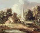 Landscape with a Church, Cottage, Villagers and Animals, c.1771-2 (oil on canvas with black chalk)