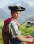 Girl with a Hat in Mountain Landscape (oil on panel)