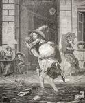 A Carrier Ferrying a Woman across the Street on a Rainy Day in 18th Century Paris, 1875 (engraving)