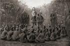 An initiation ceremony on one of the Torres Straits Islands. Youths witness for the first time the sacred dance and learn legends of their tribe, after this they were gathered together and attacked by armed men, dressed up to represent spirits, and often 