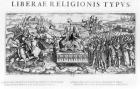 'Librae Religionis Typus', allegory on the reformation depicting John Calvin (1509-64) and Martin Luther (1483-1546) (engraving) (b/w photo)