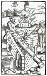 Soldiers firing a cannon, illustration for 'De re Militari' by Publius Flavius Vegetius Renatus (fl.390), printed by Christian Wechel, Paris, 1532 (woodcut)