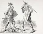 Two 15th century fully armoured knights fighting with swords and shields, from 'Les Arts au Moyen Age', published 1873 (litho)