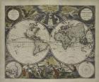 Double-hemisphere world map from Goos's Sea Atlas of the Water World, 1672 (hand coloured engraving)