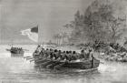 Dr. David Livingstone in the first boat, flying the English flag, and Henry Morton Stanley in the second boat, flying the American flag, during their expedition in Africa in 1872, illustration from 'The World in the Hands', engraved by Charles Barbant (d.