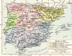 Map of Spain in 1150, showing the kingdoms of León and Castile, kingdom of Navarre, kingdoms of Aragon and its dependencies, kingdom of Portugal in 1140 and Dominion of the Almohads, from Historical Atlas, published 1923 (colour litho)