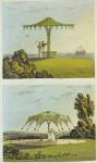 Two ornate covered garden seats from 'Repository of Arts', by Ackermann, 1822 (colour litho)
