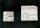 Two decorated seals depicting a zebu and a bull, from Mohenjodaro, Protohistoric (stone) (b/w photo)