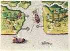 The French Discover Two Other Rivers, from 'Brevis Narratio..', engraved by Theodore de Bry (1528-98) published in Frankfurt, 1591 (coloured engraving)