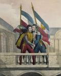 The Duke of Orleans embracing General La Fayette and raising the national colours on the terrace of the Palais-Royal, 30th July 1830 (litho)