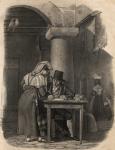 Public scribe working in a market place (litho)