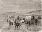 A Wagon Train Heading West in the 1860s, engraved by Stephane Pannemaker (1847-1930) (engraving)