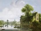 A Town on a river with a bridge (oil on canvas)