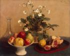 Flowers, dish with fruit and carafe, 1865 (oil on canvas)