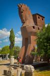 Troy, Çanakkale Province, Turkey. Imaginary reconstruction of the Trojan Horse. Troy is a UNESCO World Heritage Site.