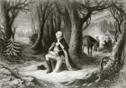 George Washington prays at the American Revolutionary War encampment of Valley Forge during the winter of 1777-78, after a painting by Henry Brueckner (litho)