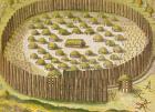 Fortified Indian Village, from 'Brevis Narratio...', published by Theodore de Bry, 1591 (coloured engraving) (see 159355 for detail)