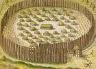 Fortified Indian Village, from 'Brevis Narratio...', published by Theodore de Bry, 1591 (coloured engraving) (see 159355 for detail)