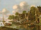 A river landscape with boats and figures by a tavern, 17th century
