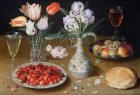 Still life with Lilies, Roses, Tulips, Cherries and Wild Strawberries (oil on panel)
