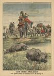 A rhinoceros hunt in honour of King George V (1865-1936), illustration from 'Le Petit Journal', supplement illustre, 31st December 1911 (colour litho)