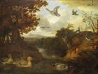 Ducks and other birds about a stream in an Italianate landscape, 1671 (oil on canvas)