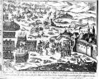 Defenestration of Prague, 1618 (engraving) (b/w photo)