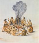 Indians round a Fire (colour litho)