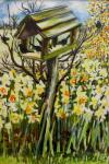 Daffodils, and Birds in the Birdhouse, 2000,(gouache)