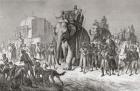 An Indian hunting party riding elephants, prepares to set out on a tiger hunt in the 19th century.