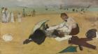 Beach scene: little girl having her hair combed by her nanny, c.1876-77 (oil on paper)