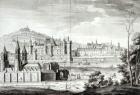View of the Abbey of Saint-Germain-des-Pres, the Louvre, Petit Bourbon, Montmartre and the Seine in 1410, engraved by Antoine Herisset (1685-1769) (engraving) (b/w photo)