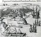 Battle in Jamaica between Christopher Columbus (1451-1506) and Francisco Poraz, 1504, from 'Mewe Welt und Americanische Historien' by Johann Ludwig Gottfried, published by Mattaeus Merian, Frankfurt, 1631 (engraving)
