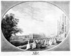 South East view of Windsor Castle, with the Royal Family on the terrace and a view of the Queen's Palace, engraved by James Fittler, 1783 (engraving) (b/w photo)