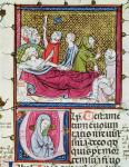 Ms 3076 fol.56r Dying Man Surrounded by Doctors and Family, Dictating his Will, from 'Justiniani in Fortiatum' (vellum)